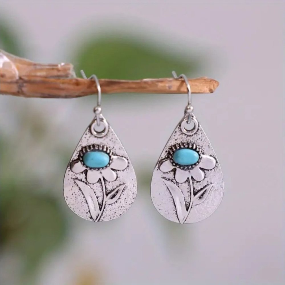 Water Drop Flower Pattern Turquoise Earrings